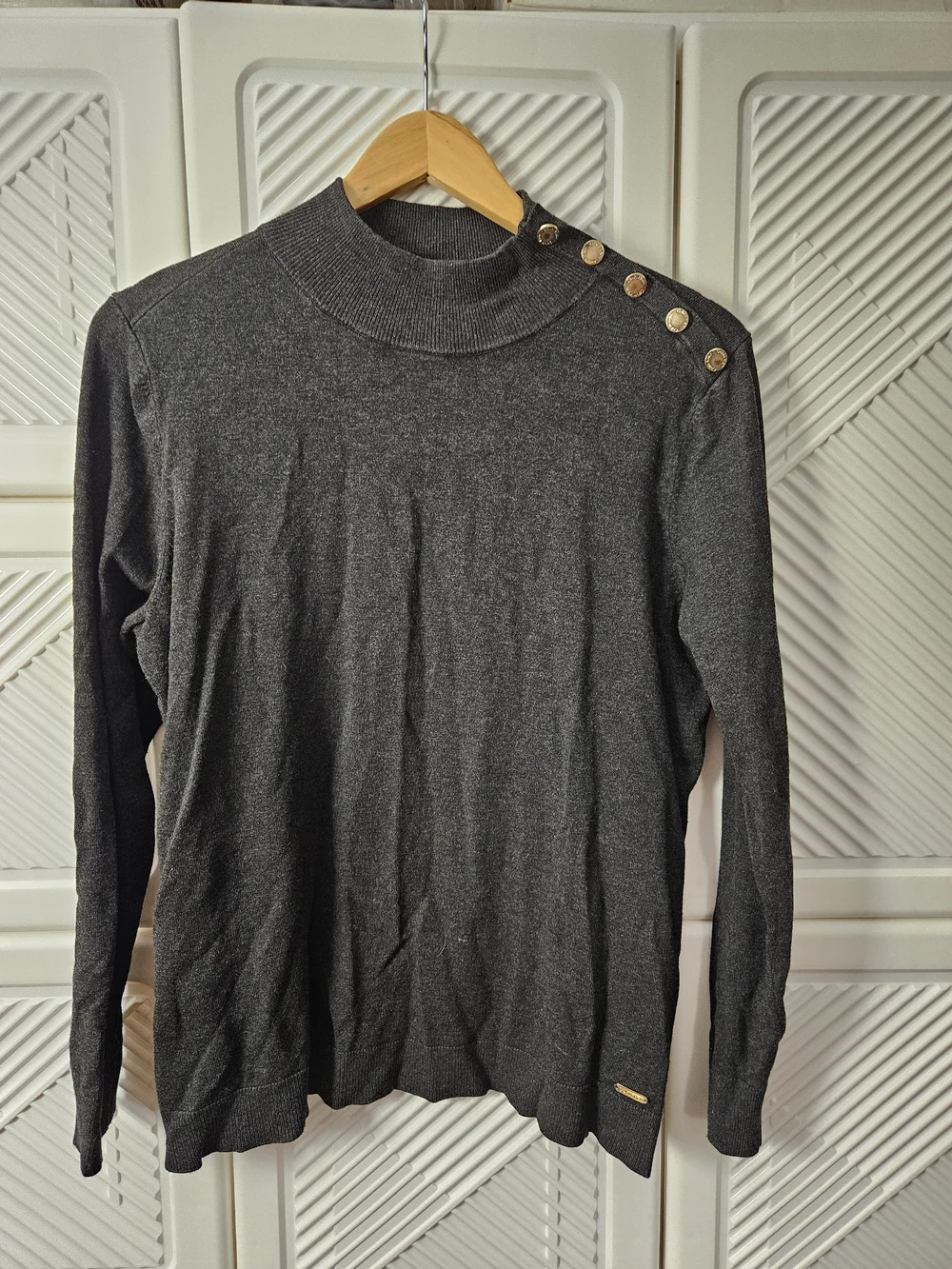 Calvin Klein Dark Gray Mock Neck Sweater with Gold Shoulder Buttons